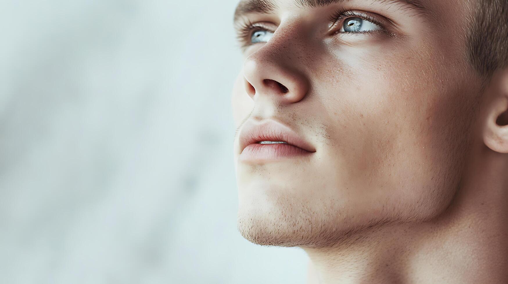 Portrait of a pensive young man with blue eyes looking upwards against a blurred background captured in close-up detail photo