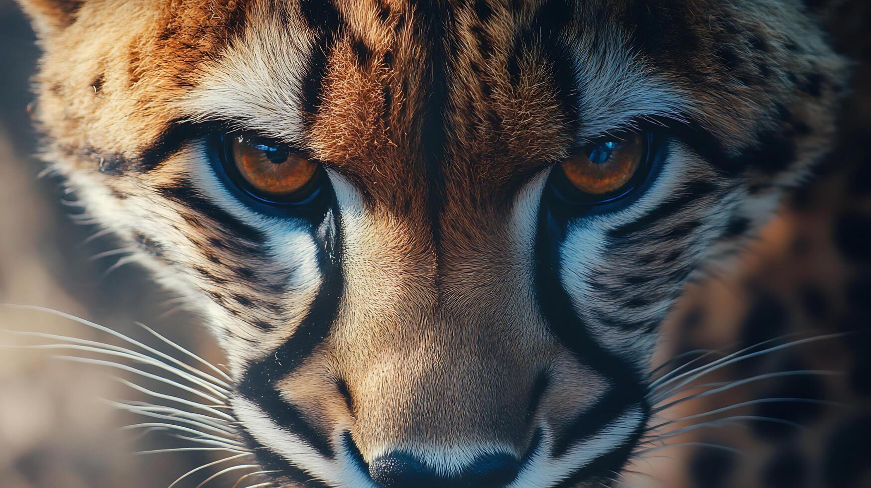 Intense close-up capturing the piercing gaze of a wild cat showcasing its striking amber eyes and intricate fur patterns photo