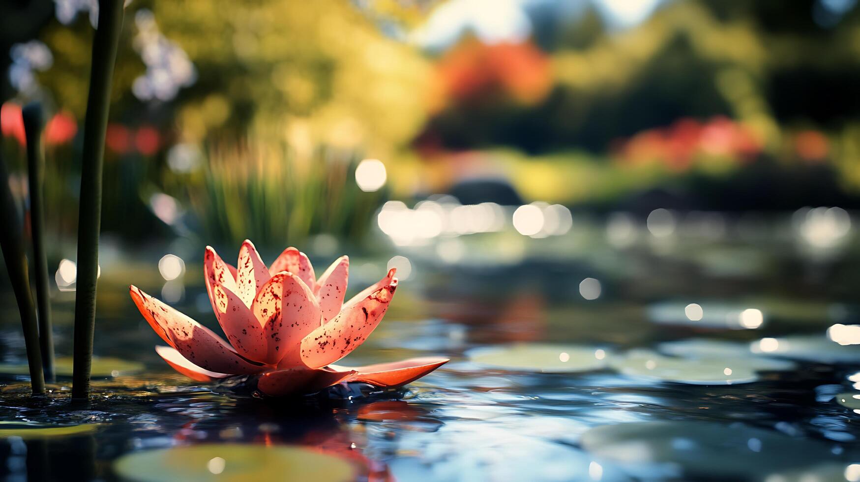 A delicate lotus blossom rests serenely on the shimmering surface of a pond reflecting the warm glow of sunlight photo