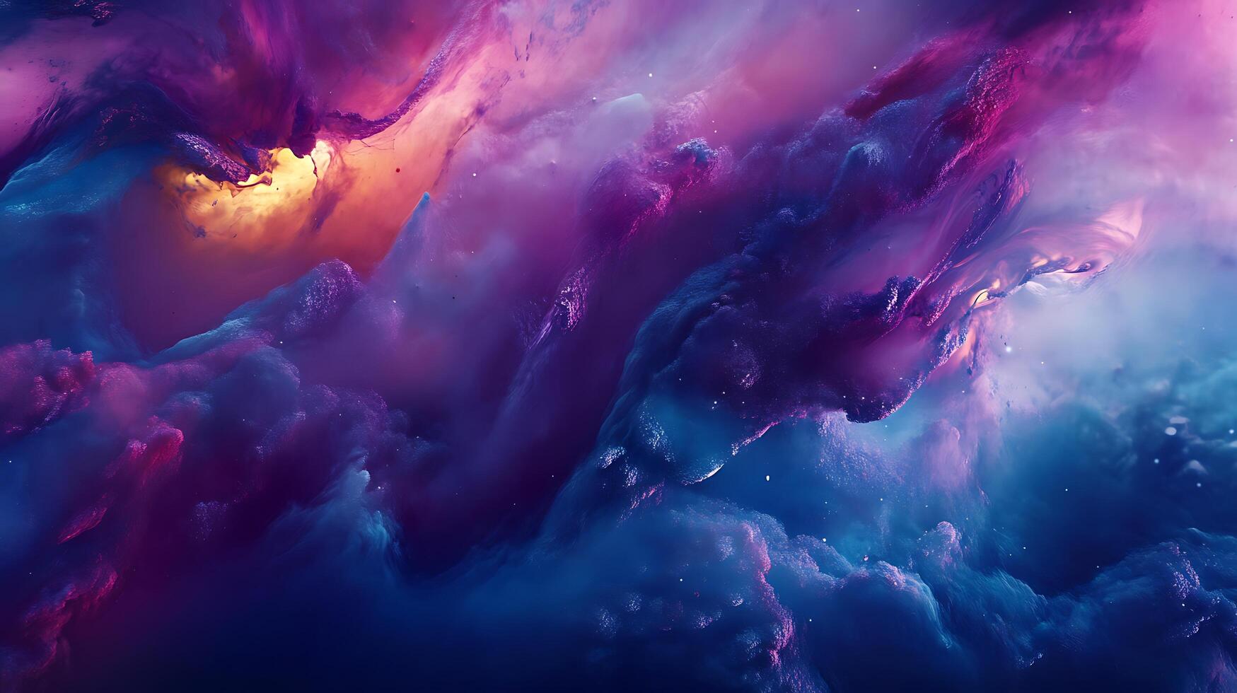 An abstract cosmic background with swirling clouds of deep blue purple and hints of orange and yellow like a nebula photo