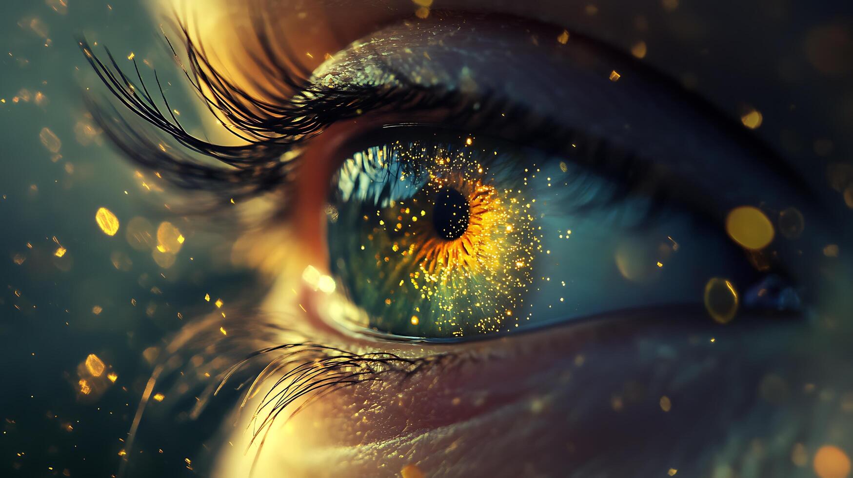 Intricate eye close-up with glittering sparks showcasing vibrant colors and striking detail Magical and captivating photo