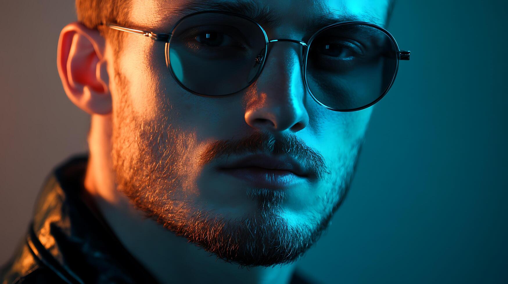 Stylish man with dark shades and a beard illuminated by moody blue and orange lights radiating coolness and confidence photo