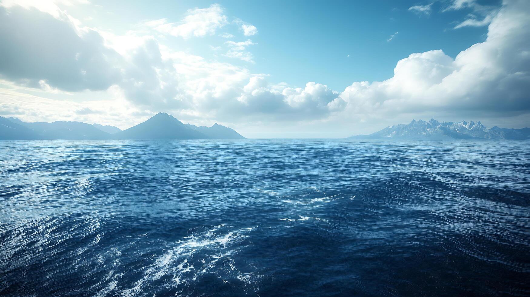 Expansive ocean view with distant mountains under a bright sky with fluffy clouds evoking tranquility and natural beauty photo