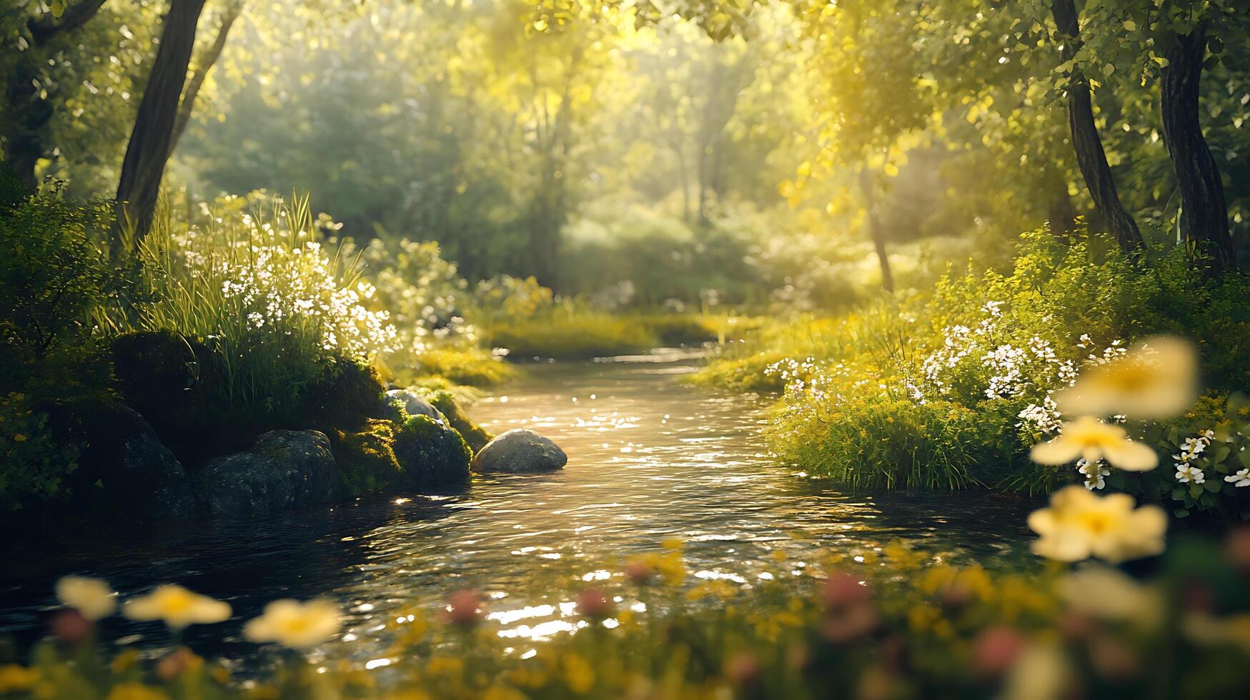 Sunlight dances on a pristine stream amidst a lush forest showcasing nature's tranquility and enchanting beauty photo
