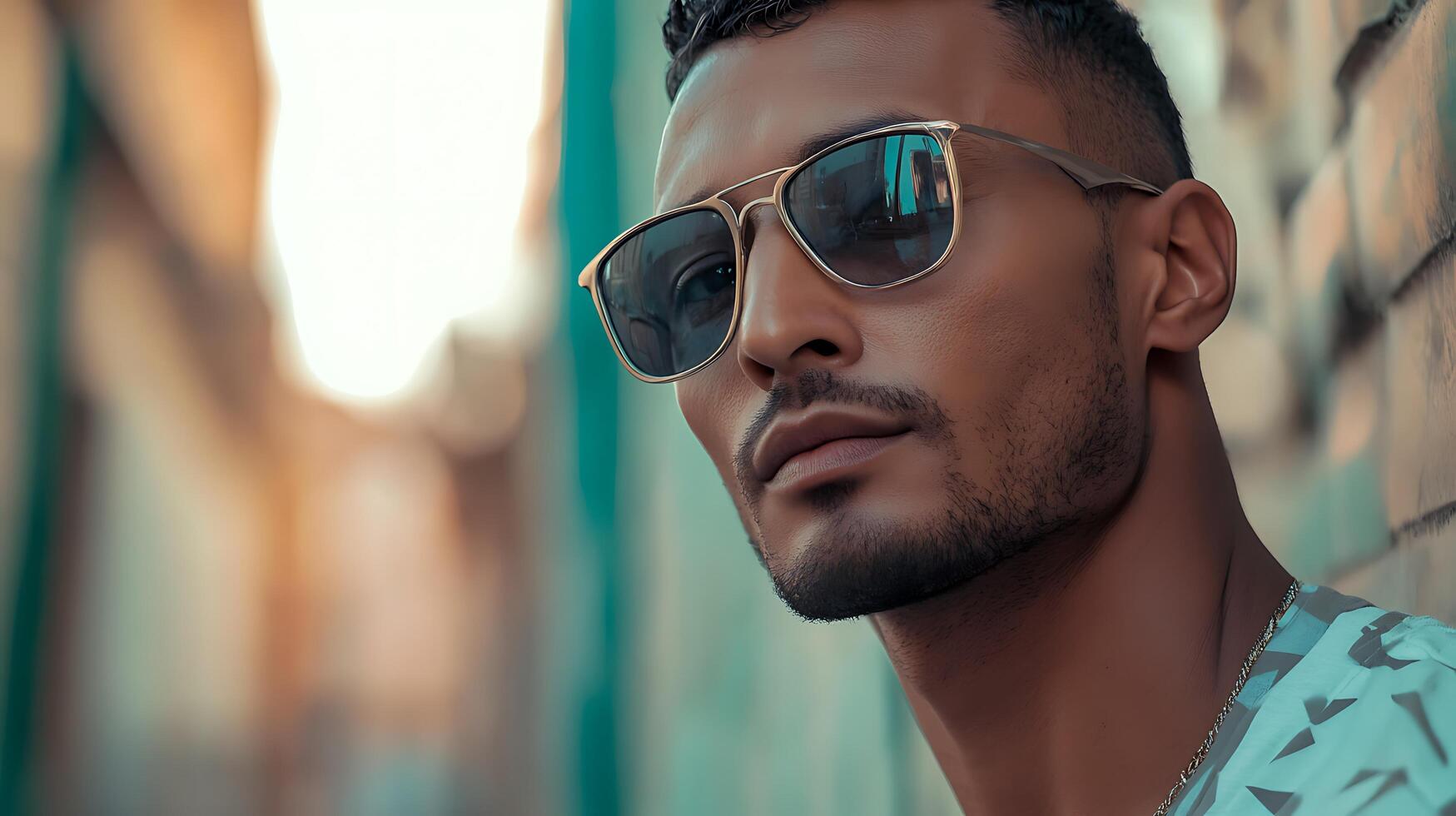 Stylish man with sunglasses leans against a wall exudes confidence and showcases urban fashion with a determined look photo