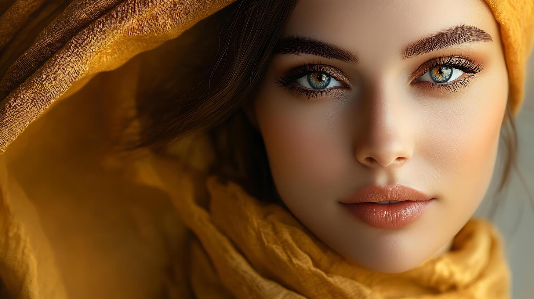 Alluring portrait of a woman with striking blue eyes and a soft elegant expression draped in golden fabric photo