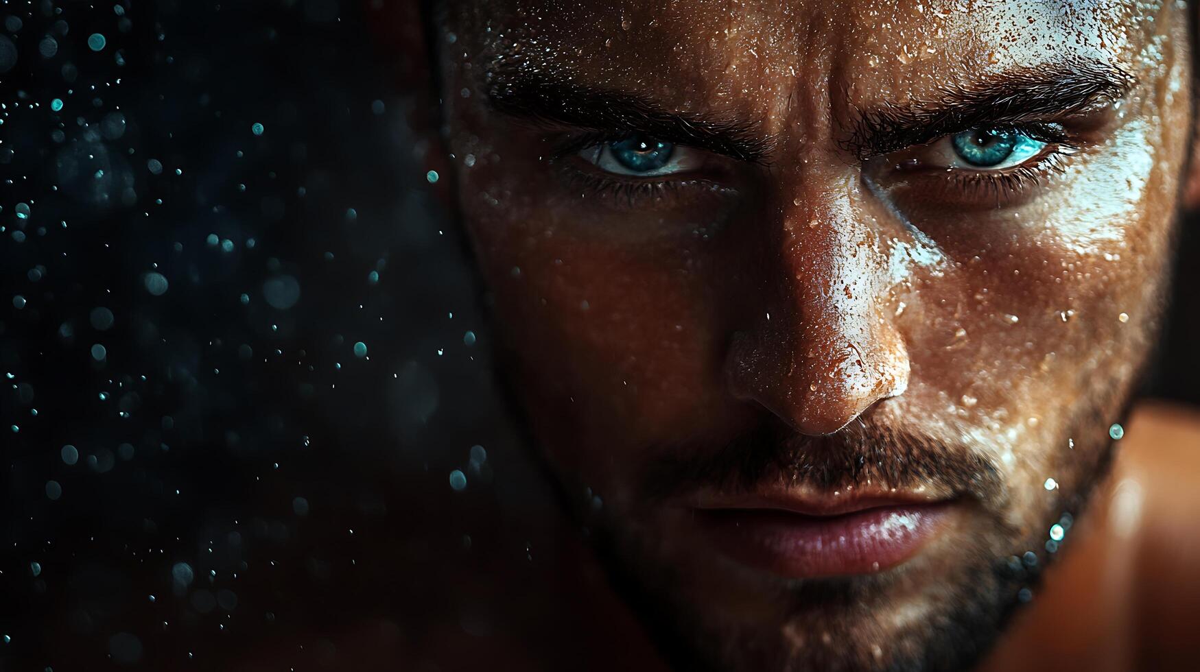 Intense stare of a man with water droplets on his face capturing strength and resilience in a close-up portrait photo