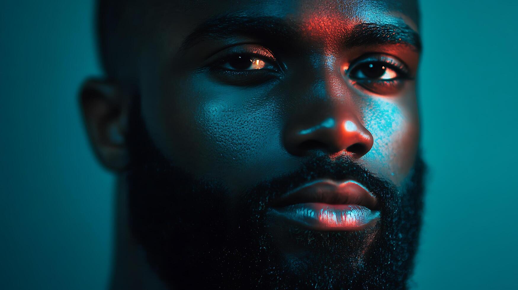 Portrait of a handsome man with beard highlighted by blue and red light captured with a detailed close up photo