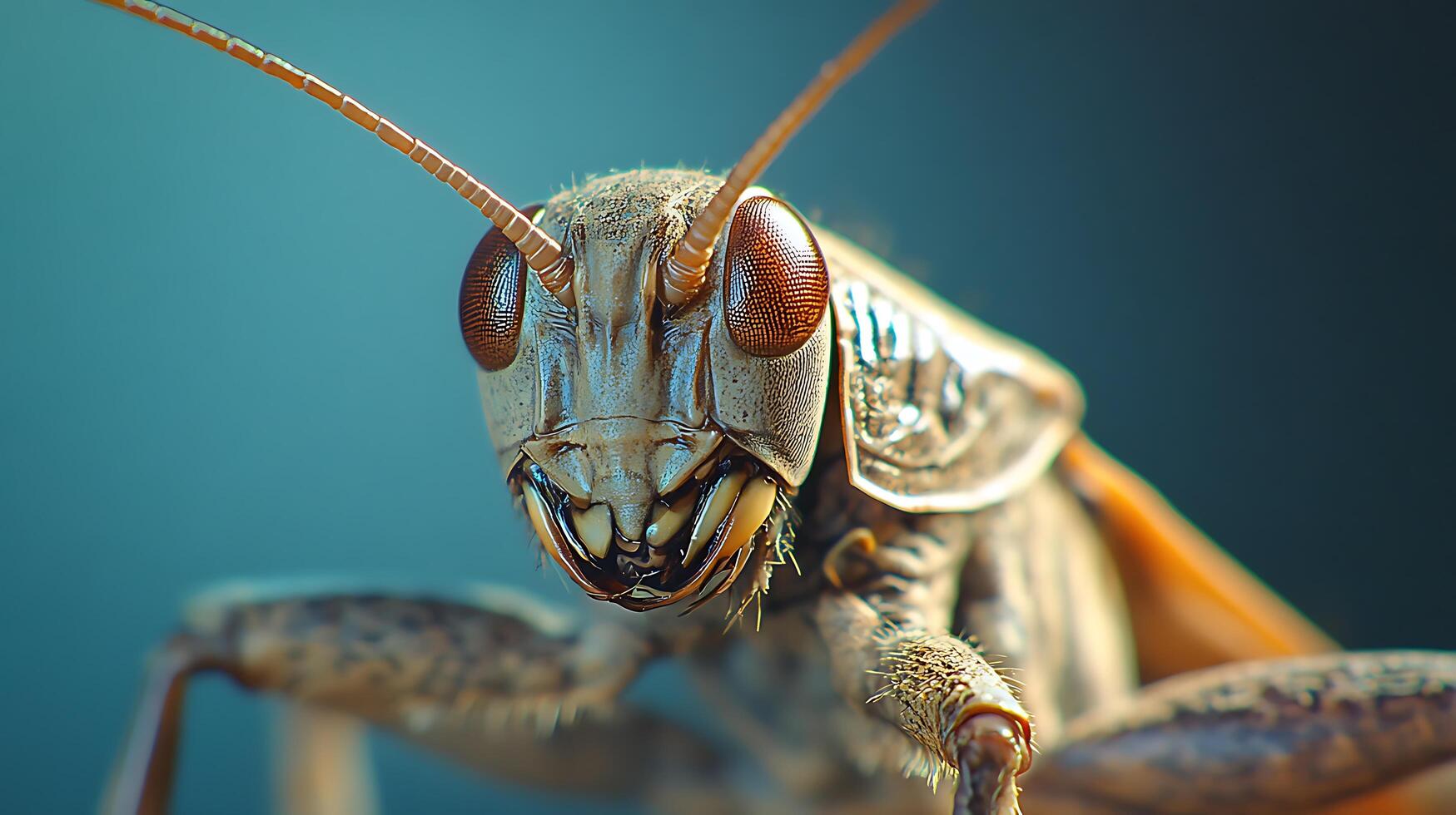 Close up of a grasshopper with its compound eyes and antennae in focus set against a soft background photo