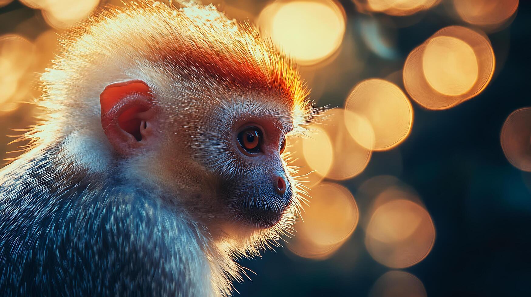 Close-up of a monkey's face with a warm golden light enhancing its features and creating a beautiful bokeh background photo