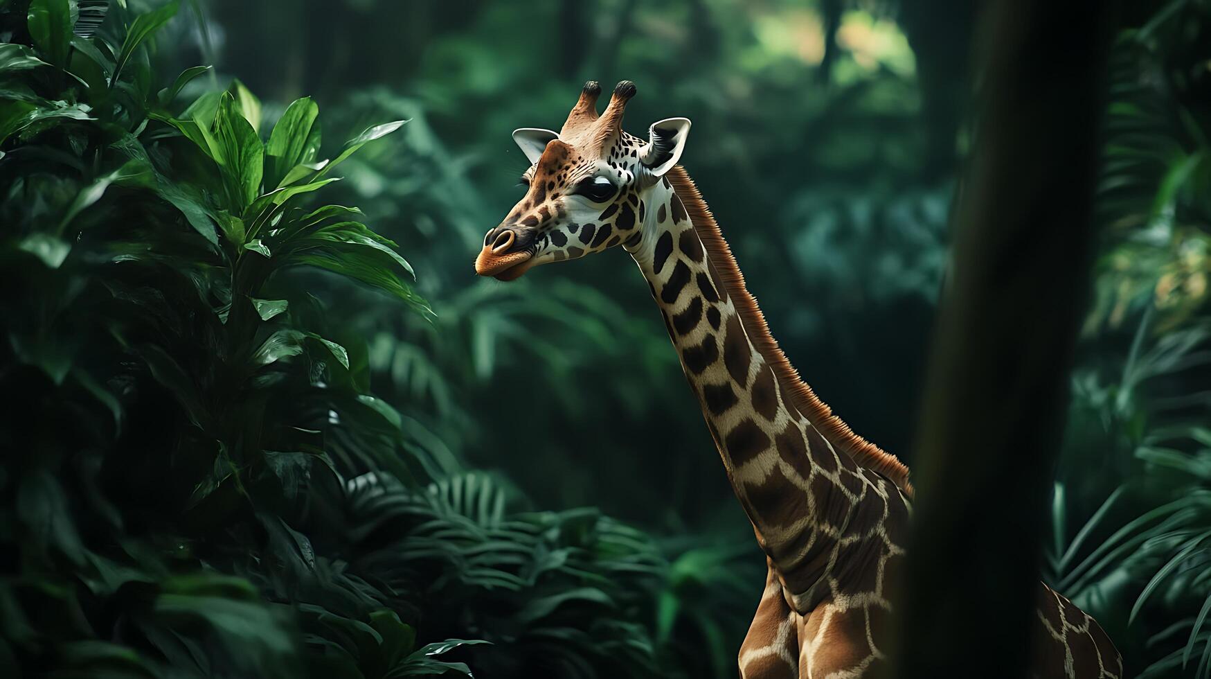 Giraffe in a lush forest its neck gracefully reaching through the dense foliage a gentle giant in its natural habitat photo