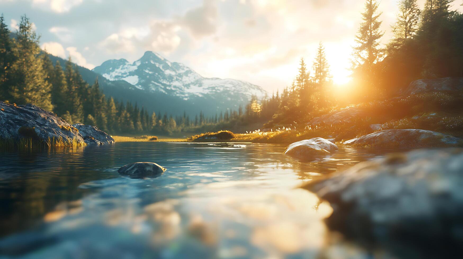 Scenic view of a serene lake surrounded by a lush forest and majestic mountains during the day exuding tranquility photo