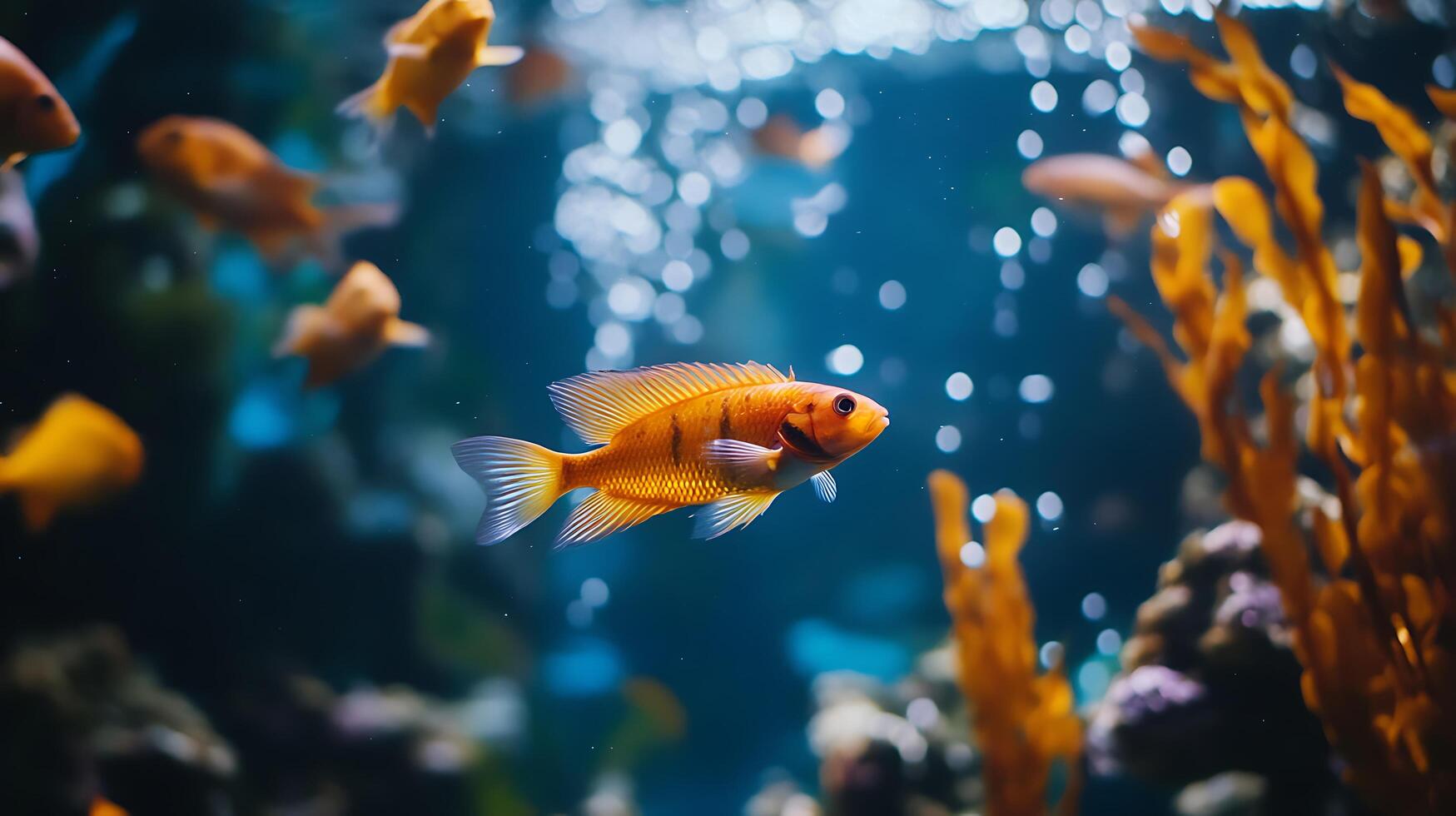 Golden fish swims gracefully in a tranquil aquarium bubbles rising to the surface creating a serene underwater view photo