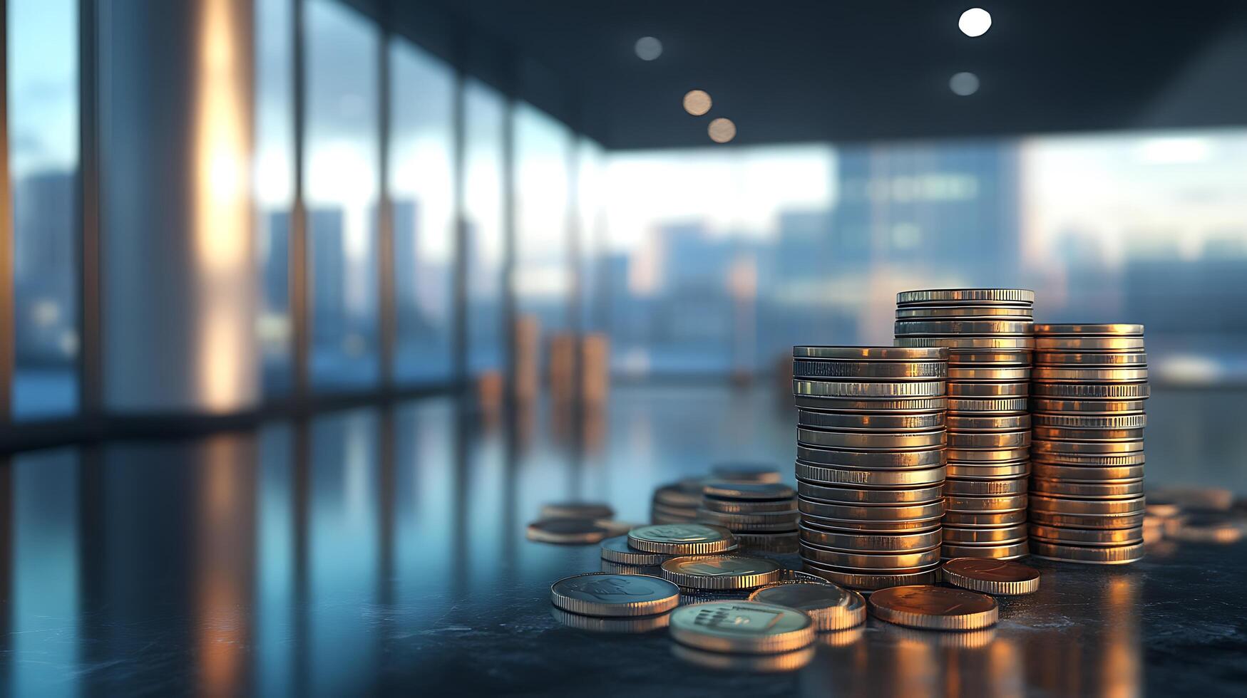 Stacks of coins on a reflective surface against a blurred cityscape backdrop portraying financial growth and stability photo