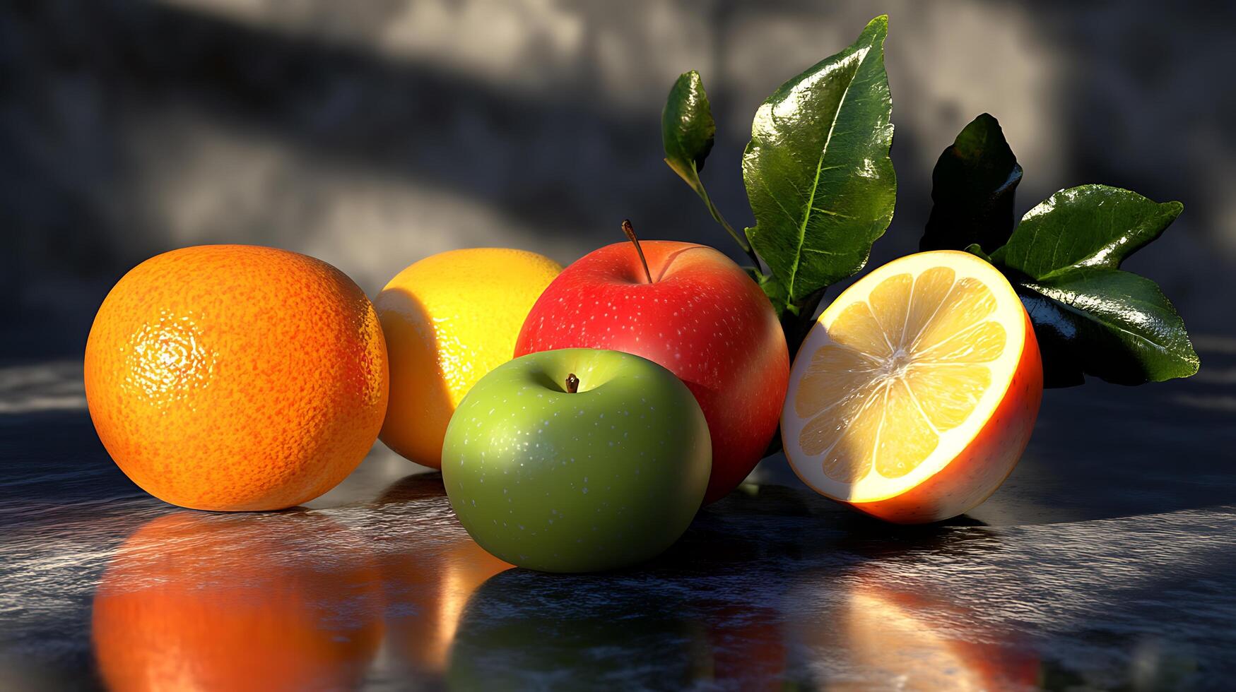 A vibrant still life featuring an orange lemon two apples and verdant leaves on a reflective surface photo