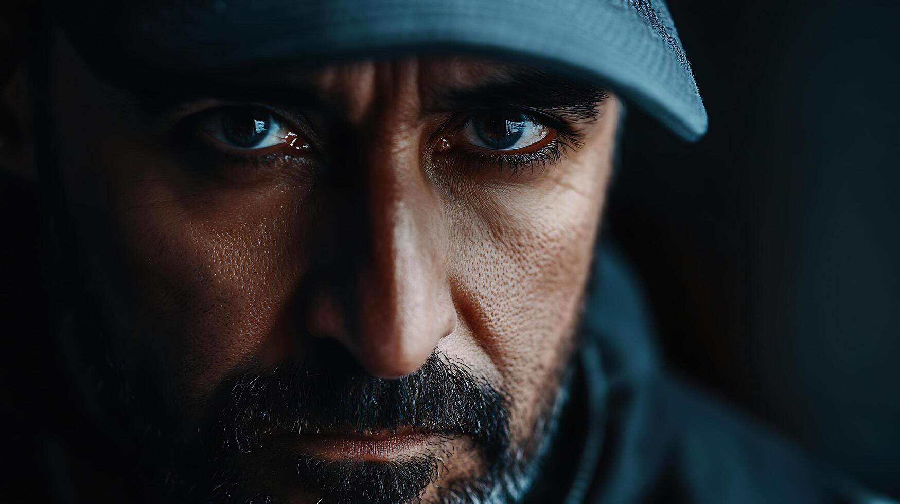 Intense gaze of a man with a beard wearing a cap set against a dimly lit backdrop highlighting strong facial features photo