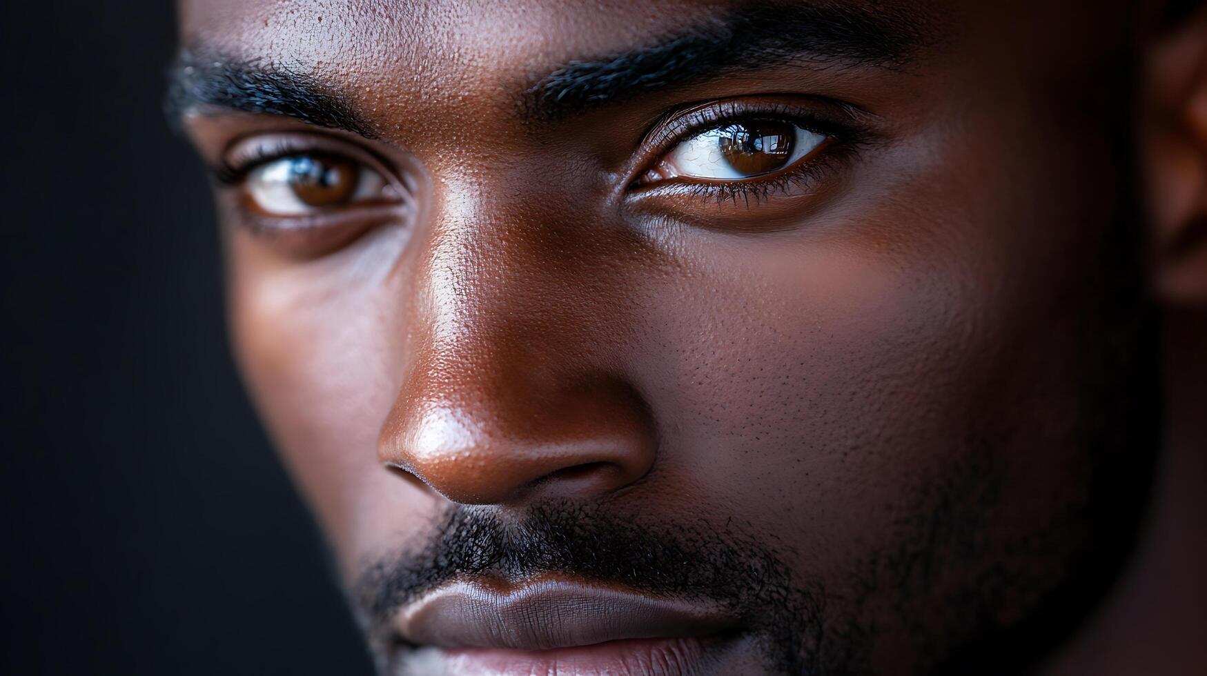 Intense close-up capturing the striking features and complexion of a man showcasing his strong gaze and handsome face photo