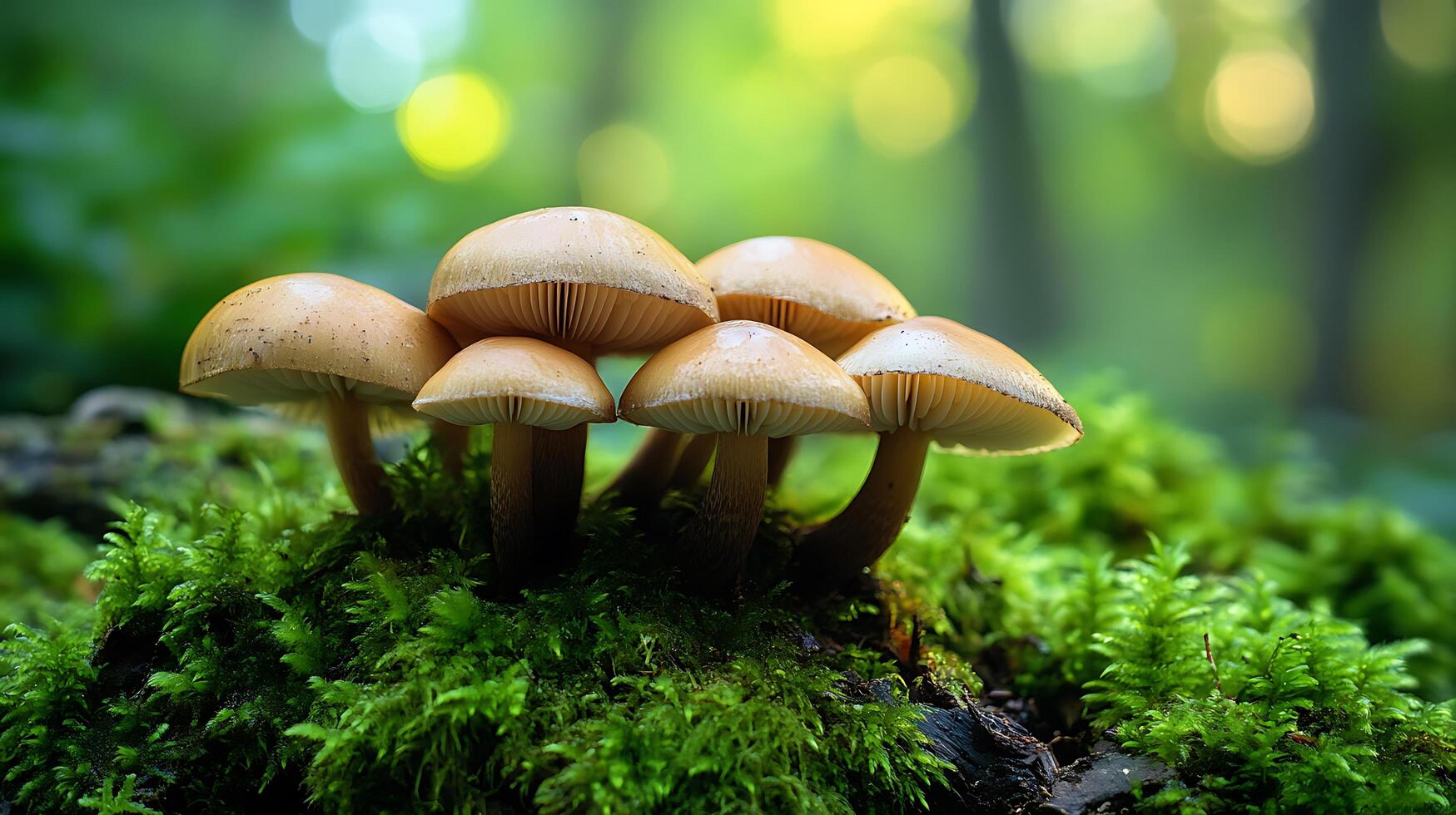 Cluster of woodland mushrooms sprouts from vibrant green moss illuminated by sunlight filtering through the forest canopy photo