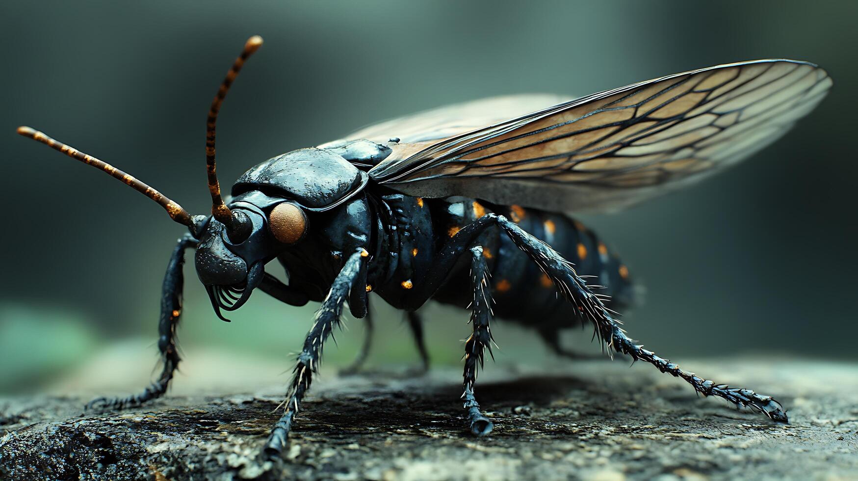 Detailed macro shot of a glossy black insect with wings speckled with yellow dots captured in stunning clarity photo