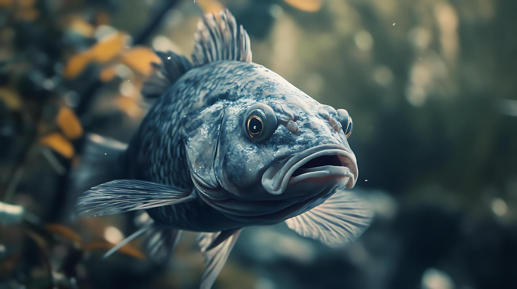 Underwater world close up portrait of fish with detailed scales and fins eyes focused dark teal water setting photo