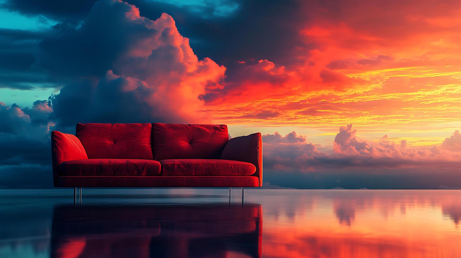 Red couch against a dramatic sky with vibrant sunset colors reflected on a glossy reflective surface creating surreal effect photo