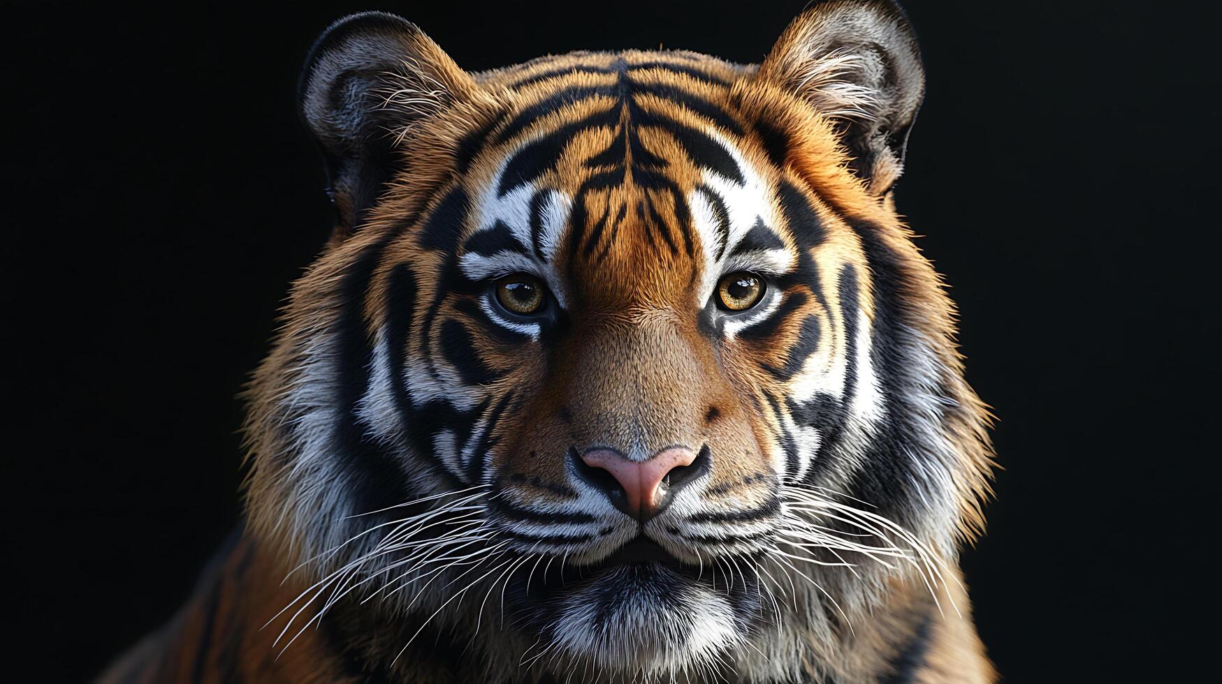 A striking close-up of a tiger's face reveals intricate fur patterns and intense captivating eyes against a dark background photo