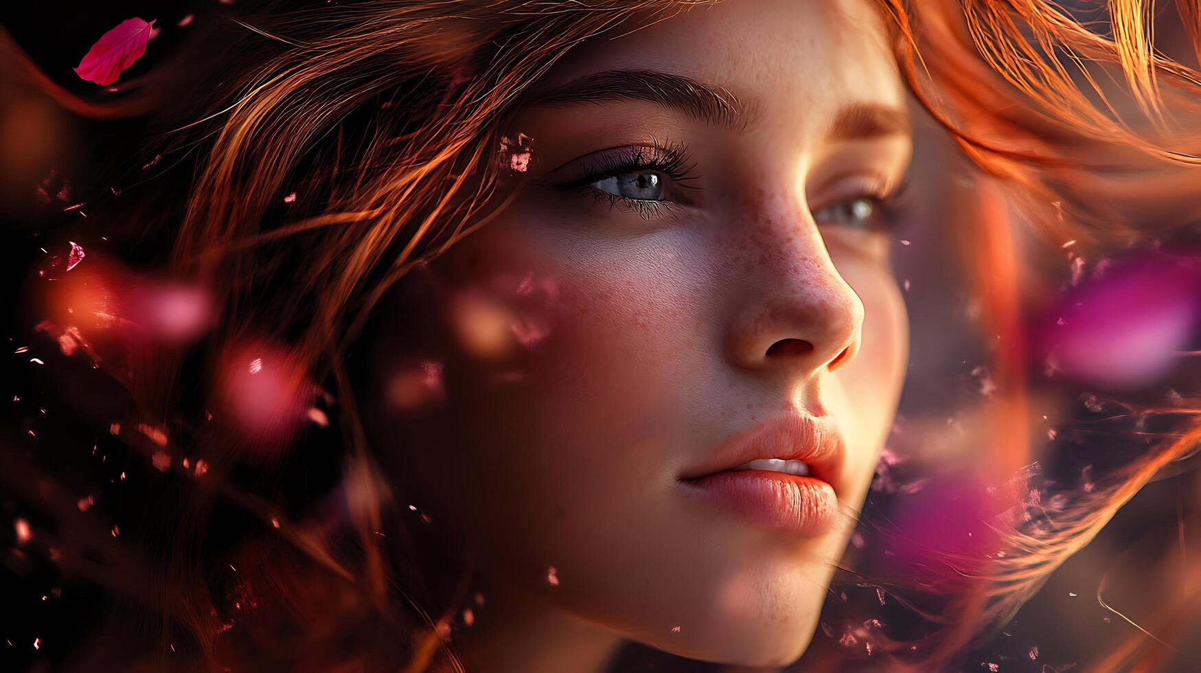 Alluring portrait of a young woman with red hair and freckles surrounded by floating flower petals A dreamy romantic scene photo
