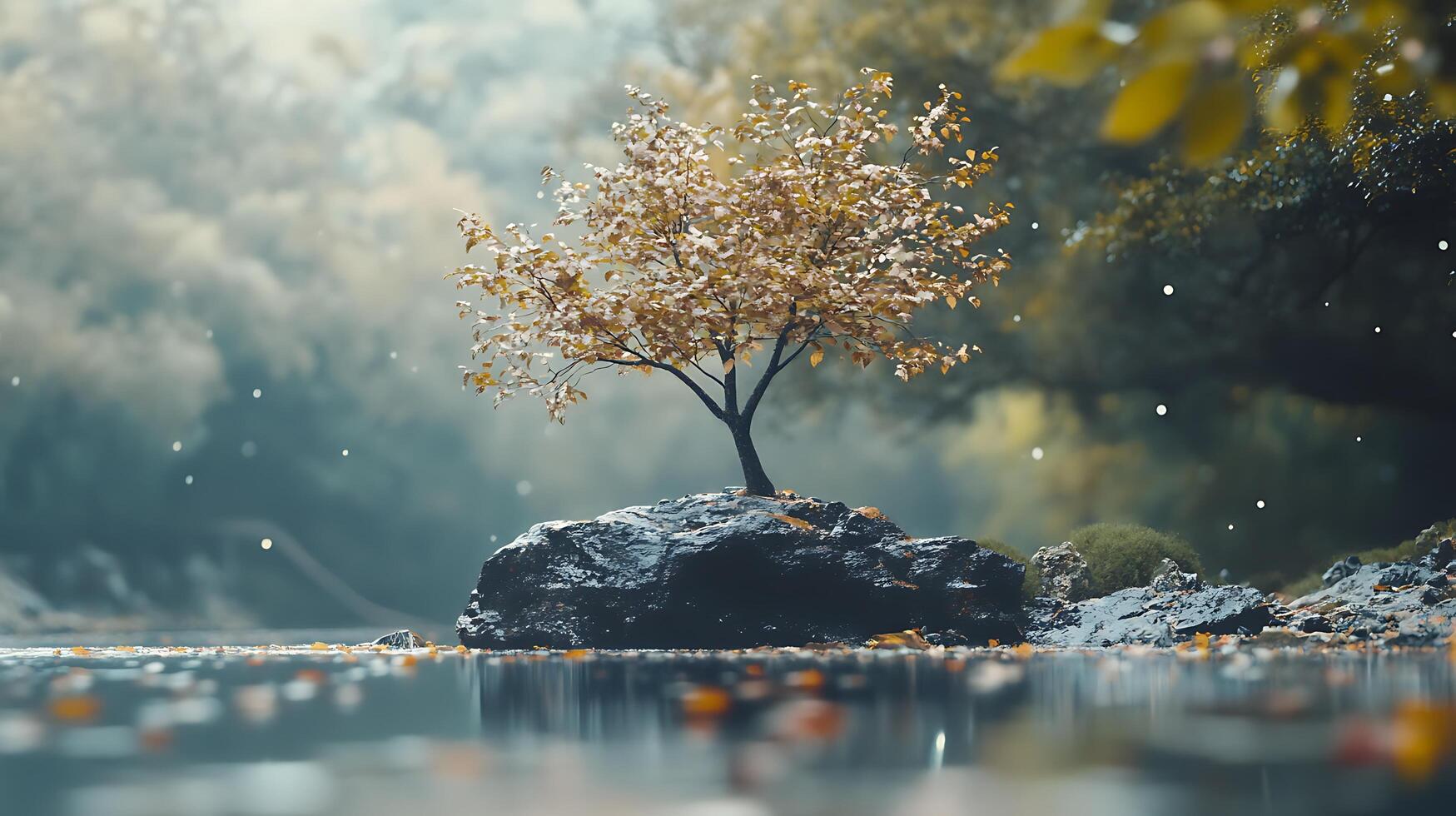 Solitary tree on a rock island surrounded by serene water leaves falling in the soft light of a natural setting photo