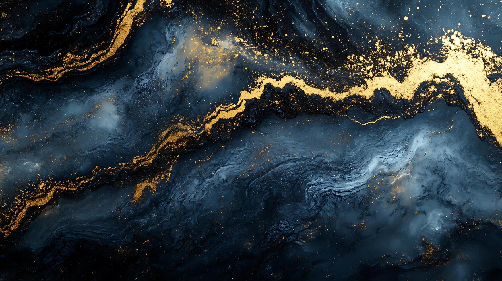 Abstract painting of navy and gold swirls resembling marble stone or space nebula effect with rich textures photo