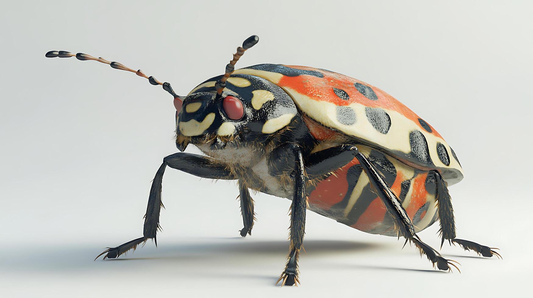 A detailed close-up of a colorful insect with patterned wings showcasing intricate anatomical features on a white background photo