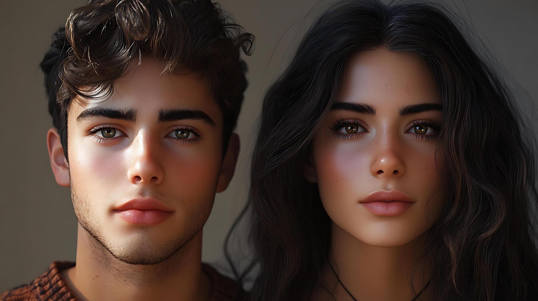 Striking portrait of a young man and woman showcasing their features set against a neutral background evoking intimacy photo
