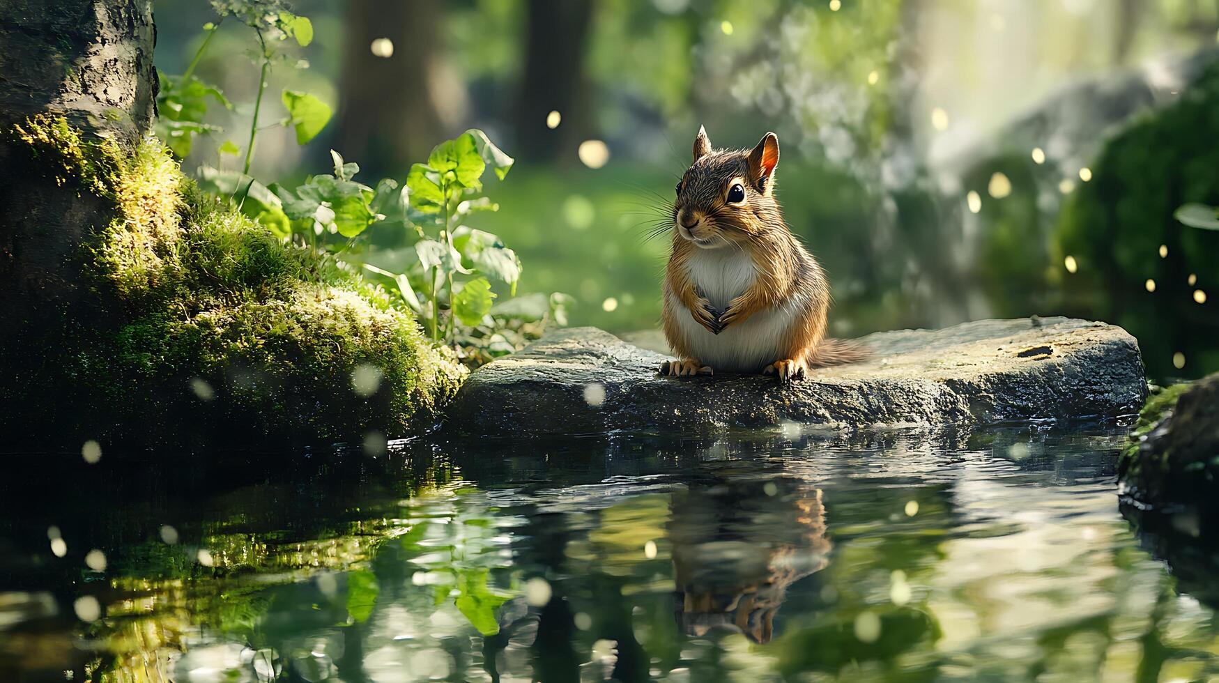 Squirrel perched beside a calm pond reflecting the forest sparkling with light Nature's peaceful beauty is evident photo