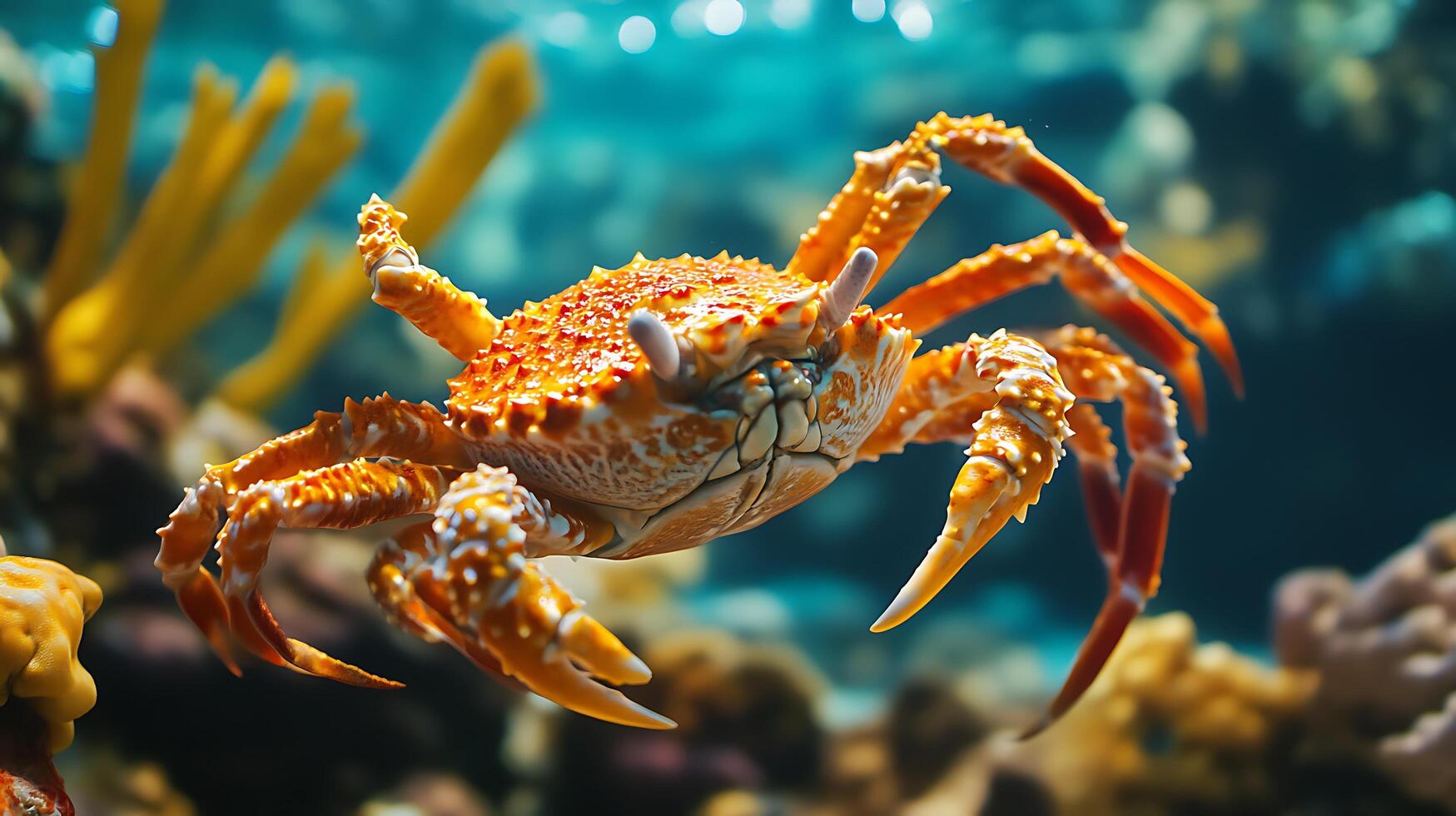 Orange crab in a blue water tank with yellow coral and rock formations in the background Undersea life is vibrant photo
