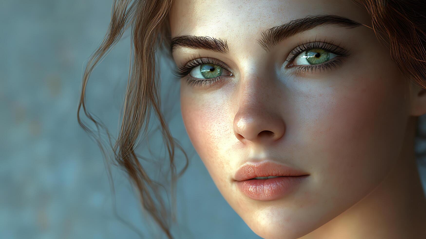 Close-up of a beautiful woman's face with striking green eyes fair skin and soft features accentuated by natural light photo