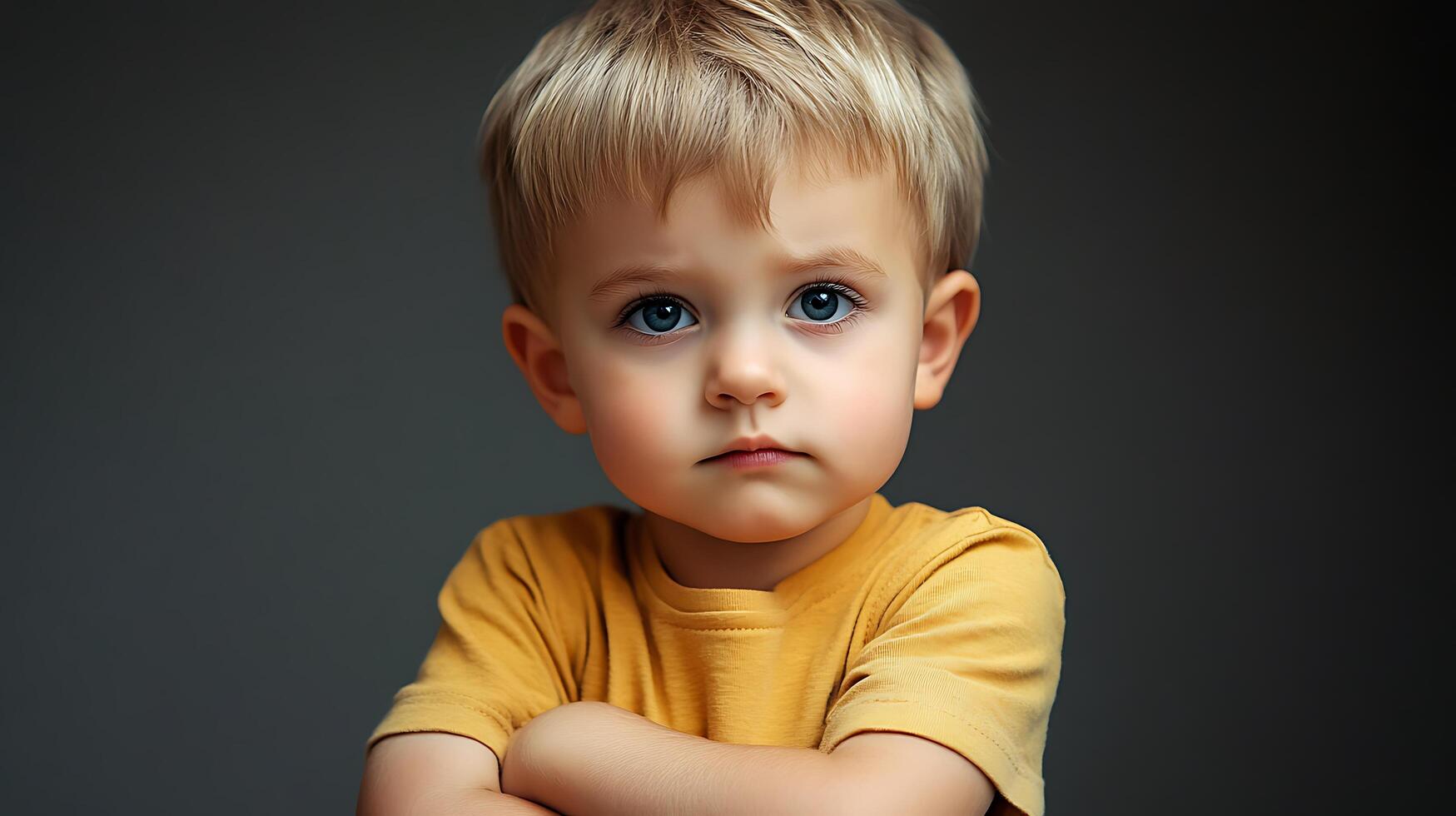 A blond toddler with blue eyes stands against a gray background arms crossed exhibiting a thoughtful or serious facial expression photo