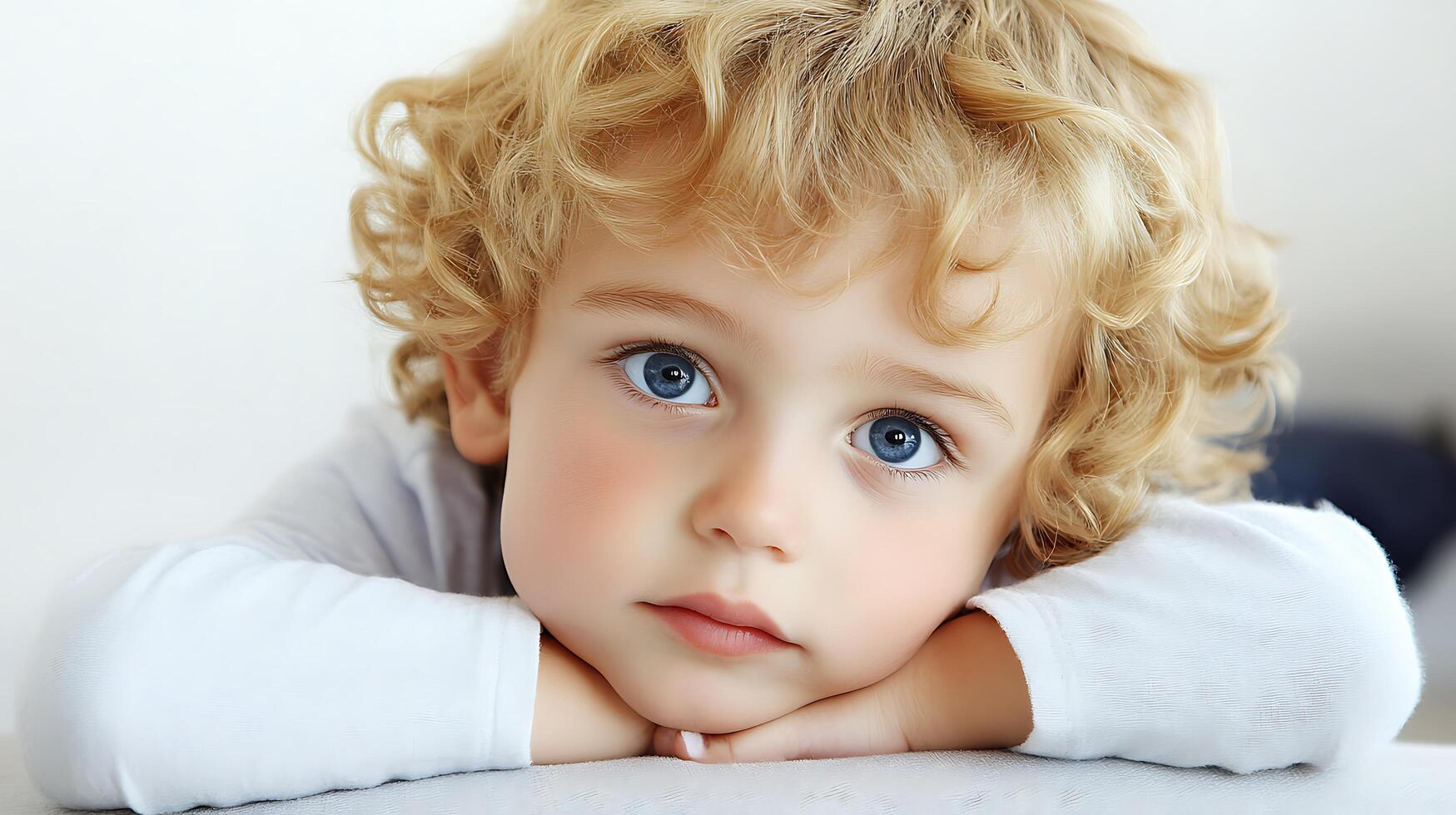 Portrait of a contemplative young boy with curly blond hair resting his chin on his arms gazing upwards with blue eyes photo