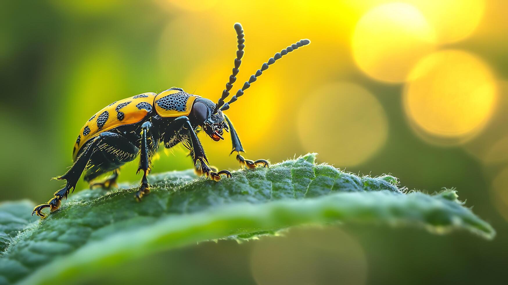 A detailed view of a yellow and black insect on a green leaf The background shows a bokeh effect from the sunlight photo