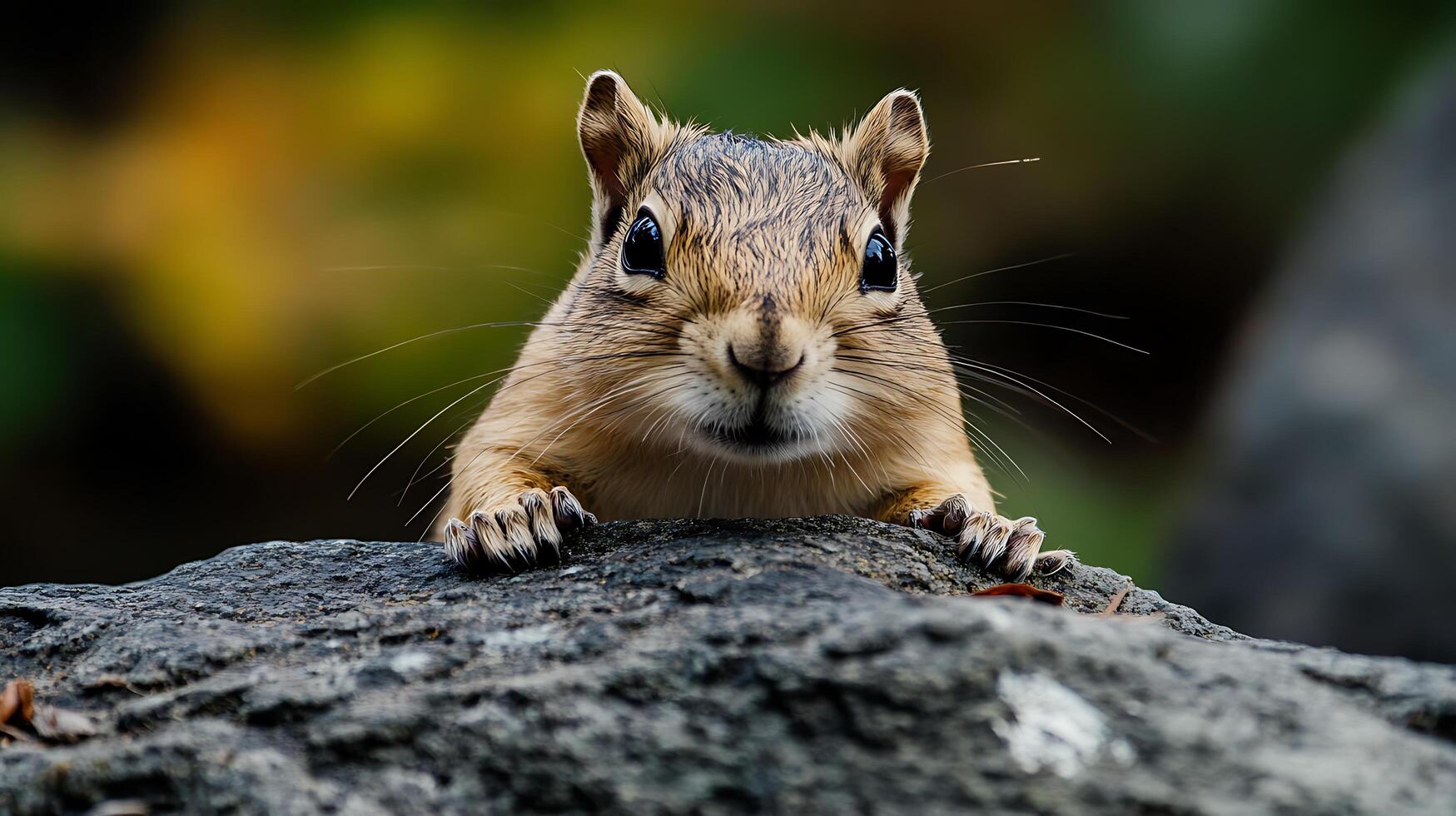 A curious chipmunk peers over a grey rock with striking eyes capturing its adorable expression in the forest photo