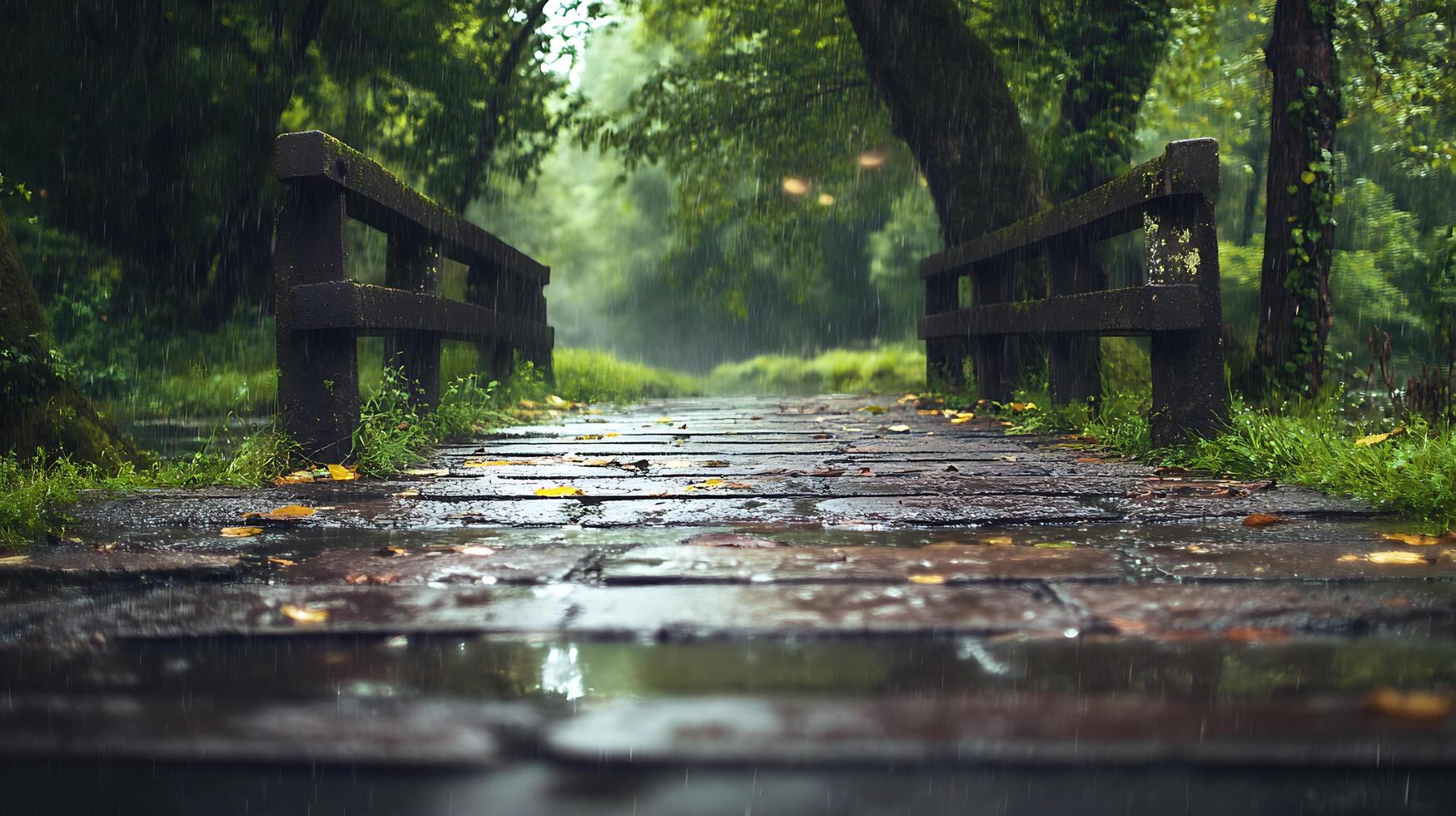 Rainy day on a wooden bridge Lush green forest surrounds reflecting the sky Wet planks glisten with rainwater photo