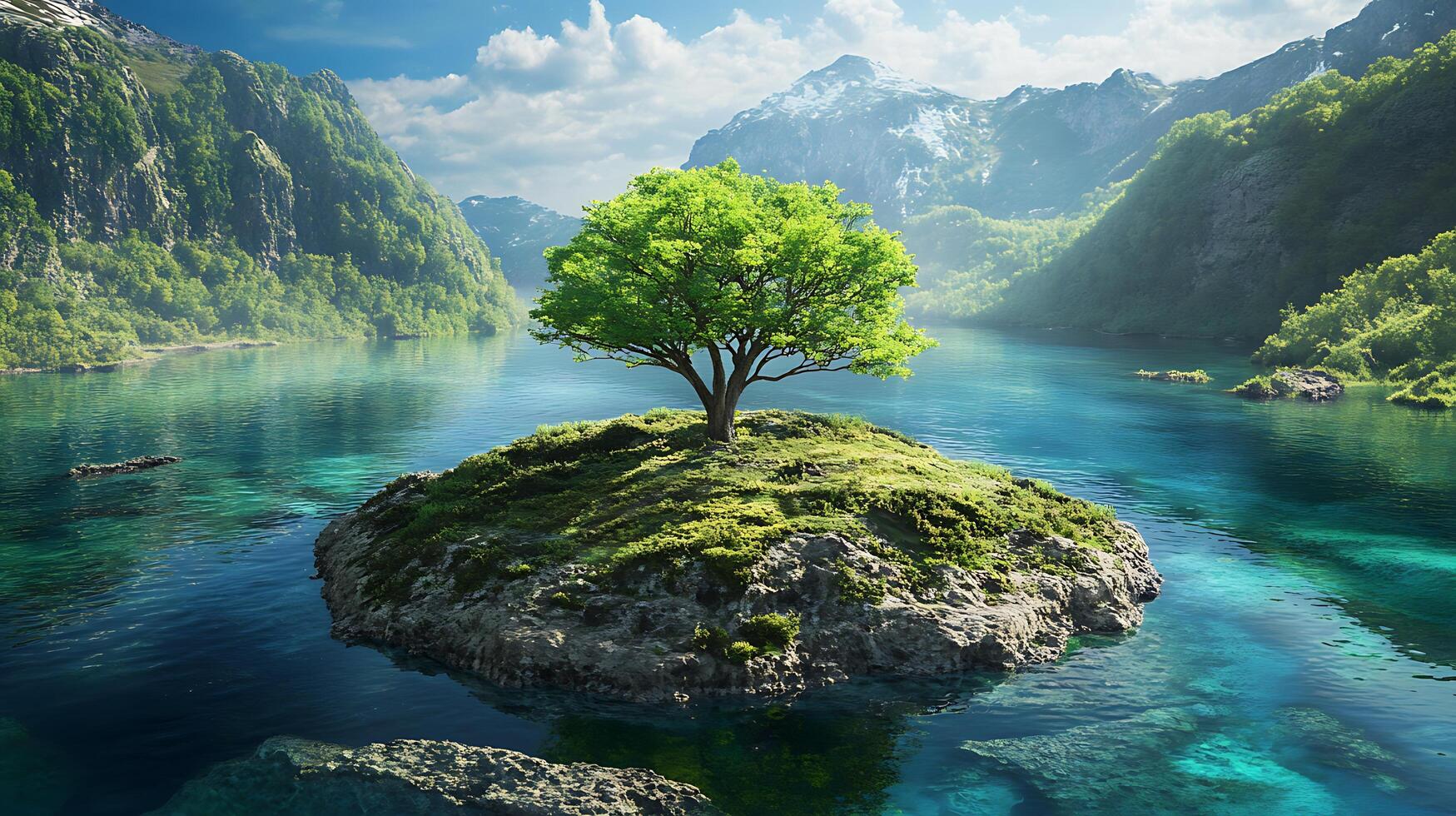 Serene island landscape A lone tree graces a lush islet in clear water mountains in the distance create a peaceful scenery photo