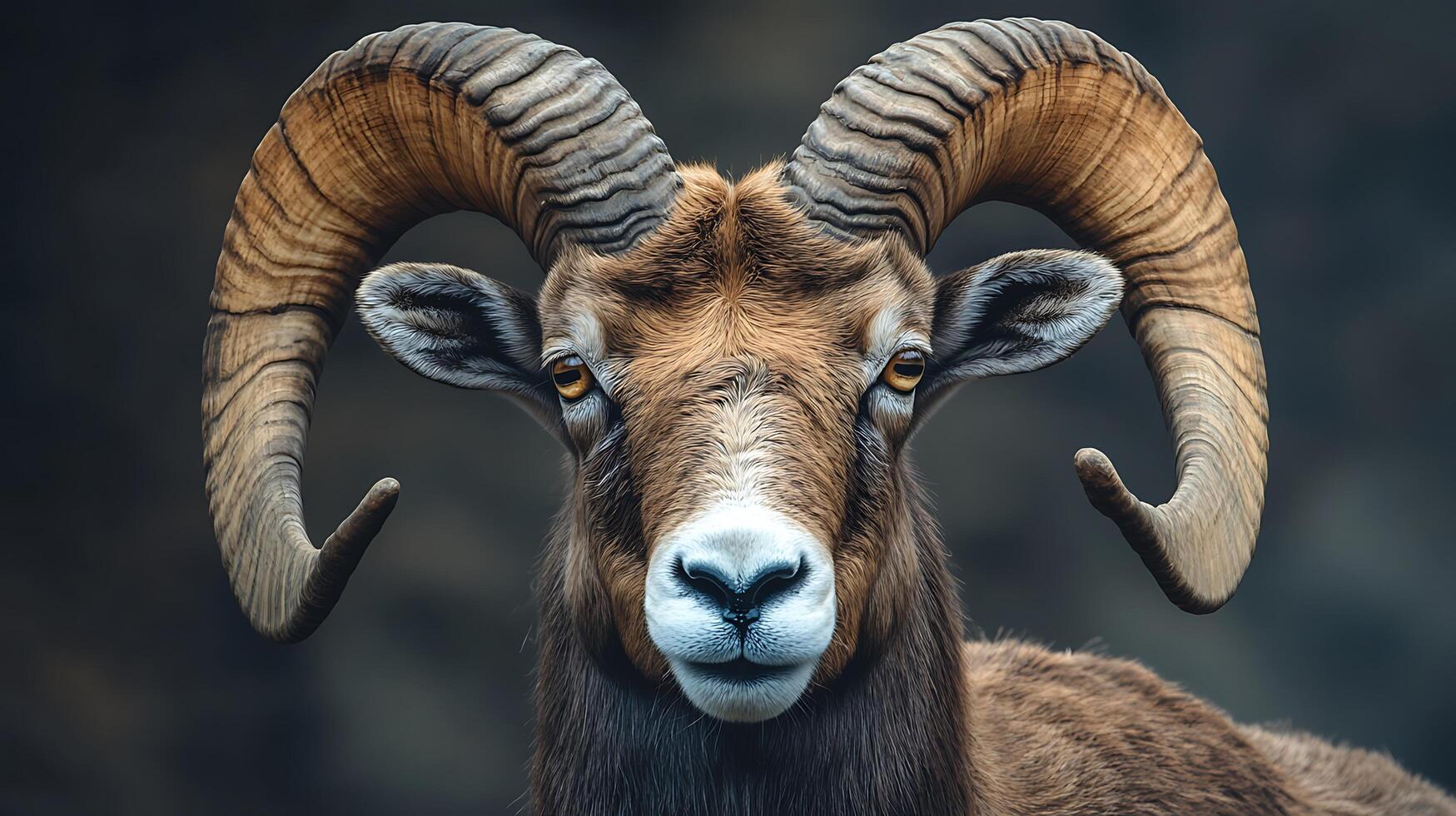 Close-up of majestic ram with curved horns showcasing its striking features and textured fur in a captivating portrait photo