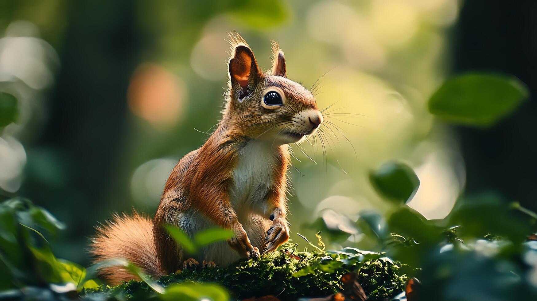 A squirrel sits alert amidst lush greenery a burst of nature's charm captured in soft diffused light photo