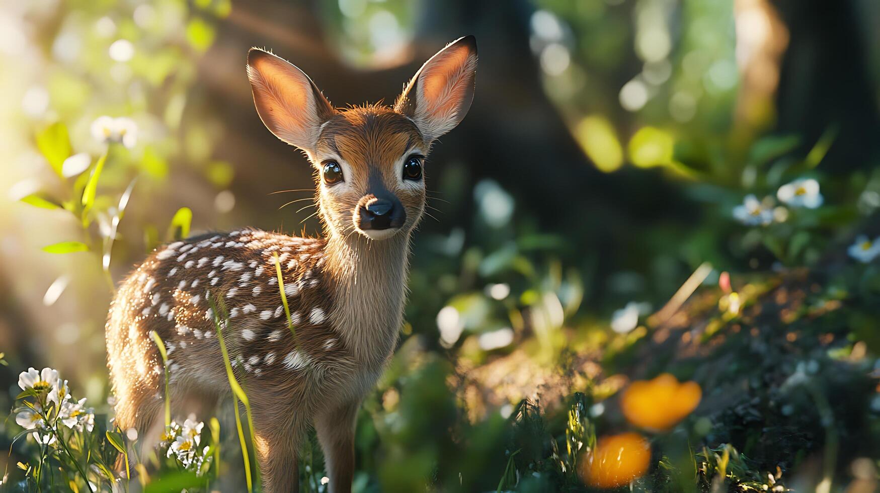 Adorable fawn with striking white spots illuminated by the soft glow of the morning sun in lush wild surroundings photo