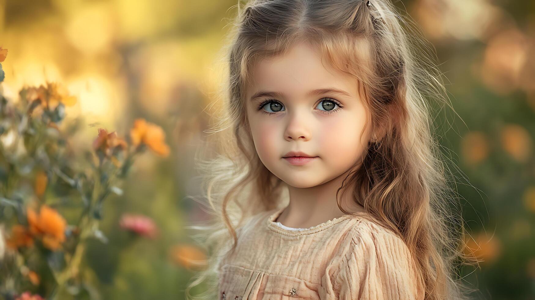 Captivating young girl amidst a bokeh garden backdrop radiating sweetness and innocence Her gaze is gentle and inviting photo