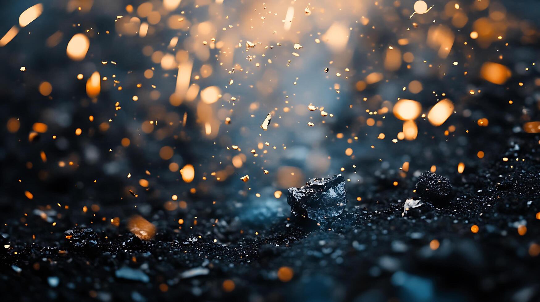 Glimmering embers rise from smoldering coal casting a warm glow on the dark textured surface in a mesmerizing display photo