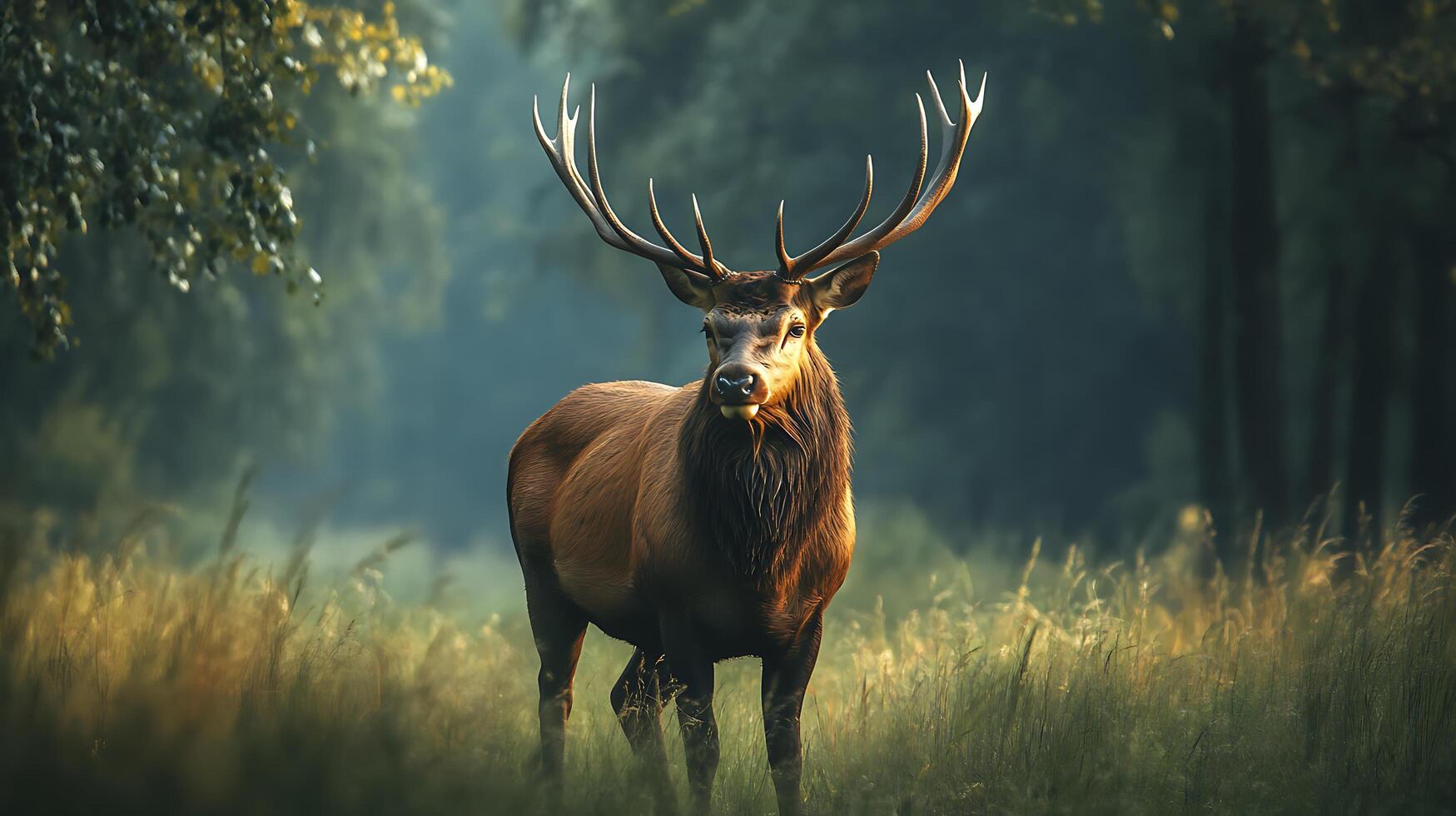 Majestic deer stands proudly in a sun-drenched meadow its antlers reaching towards the sky a symbol of the wild photo