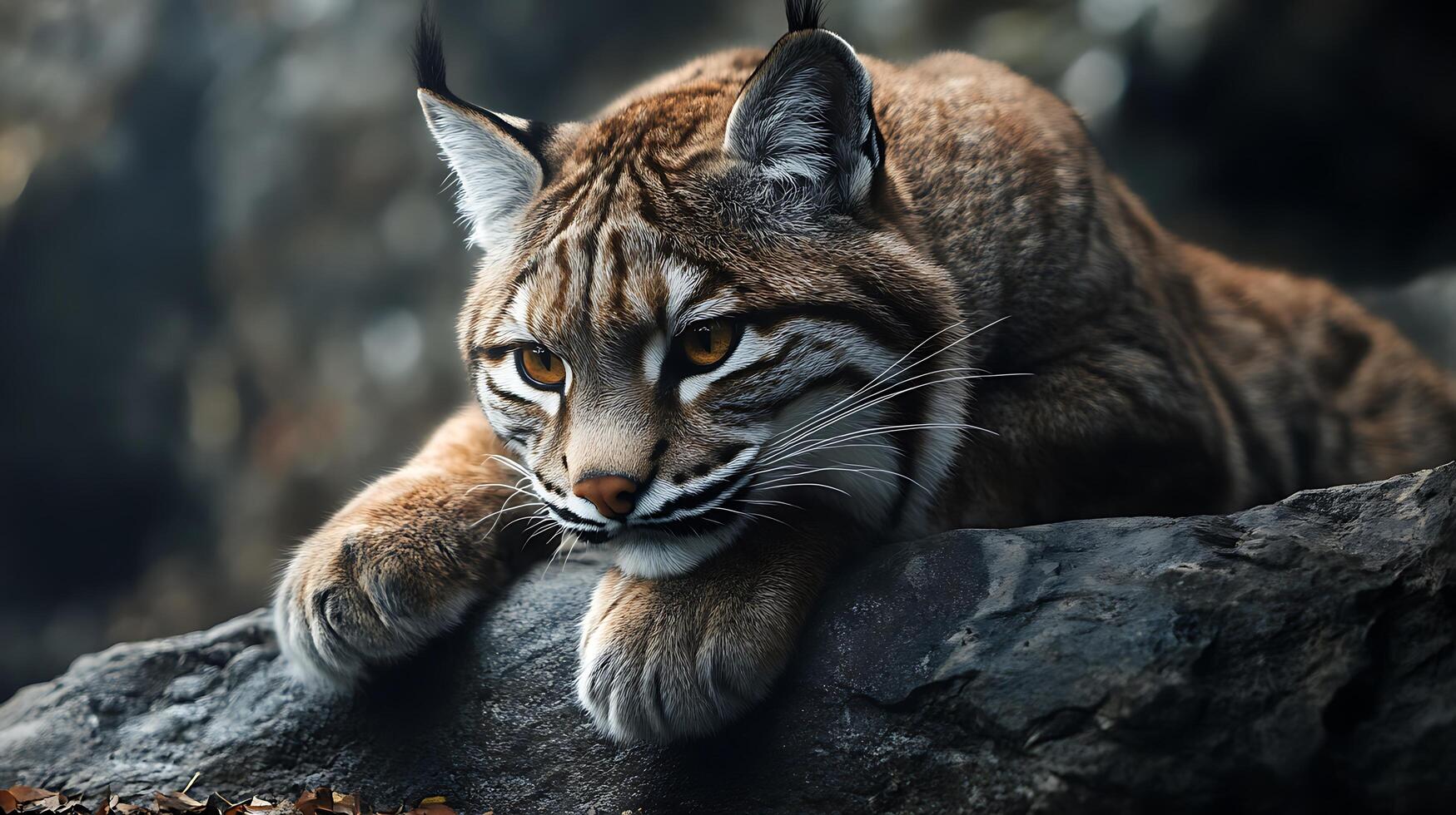 Bobcat resting on a rock with a focused gaze Striking fur and intense eyes embody wild beauty and natural grace photo