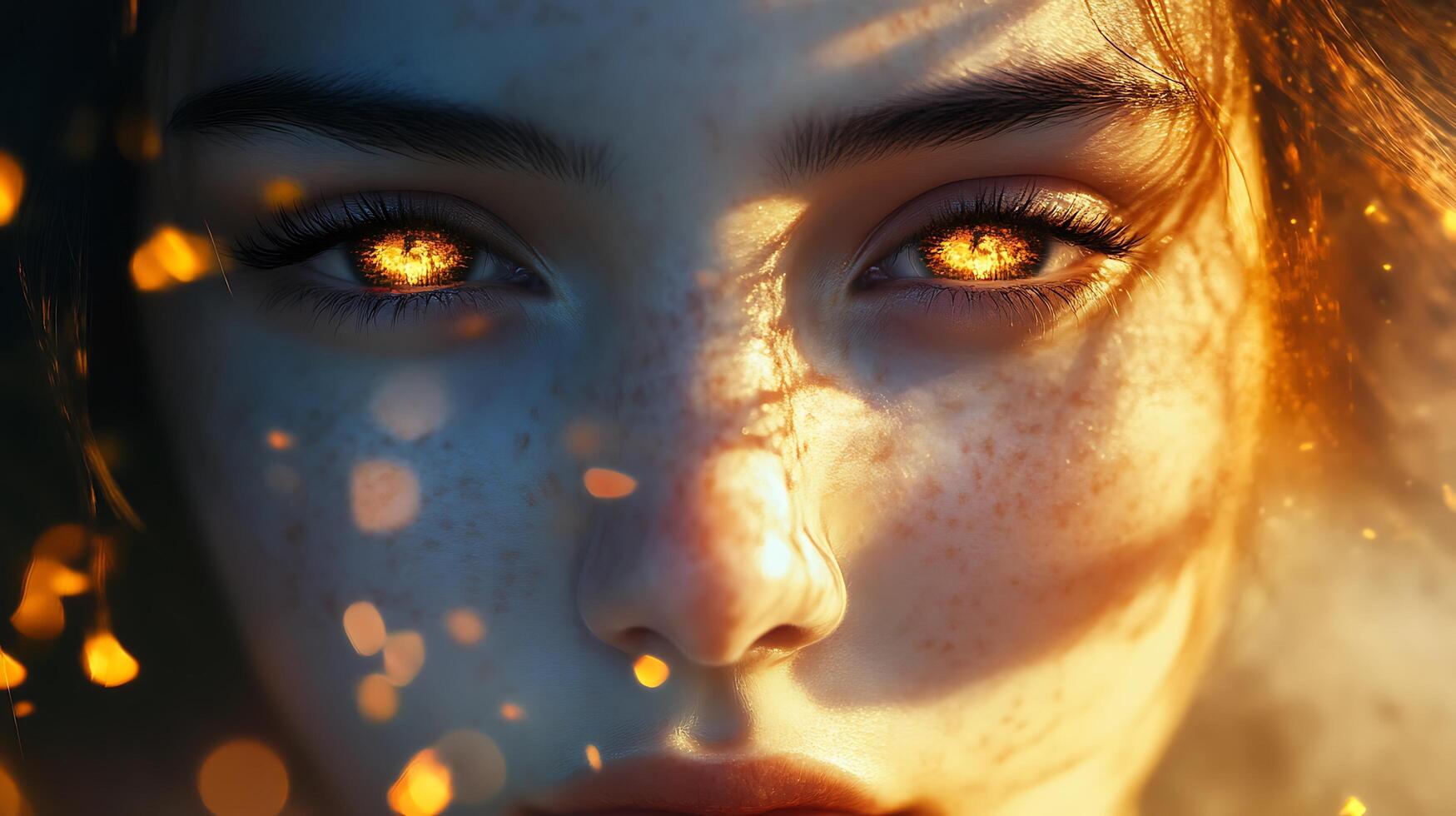 A close-up of a woman's face with striking bright orange eyes complemented by her freckled complexion and soft glowing light photo