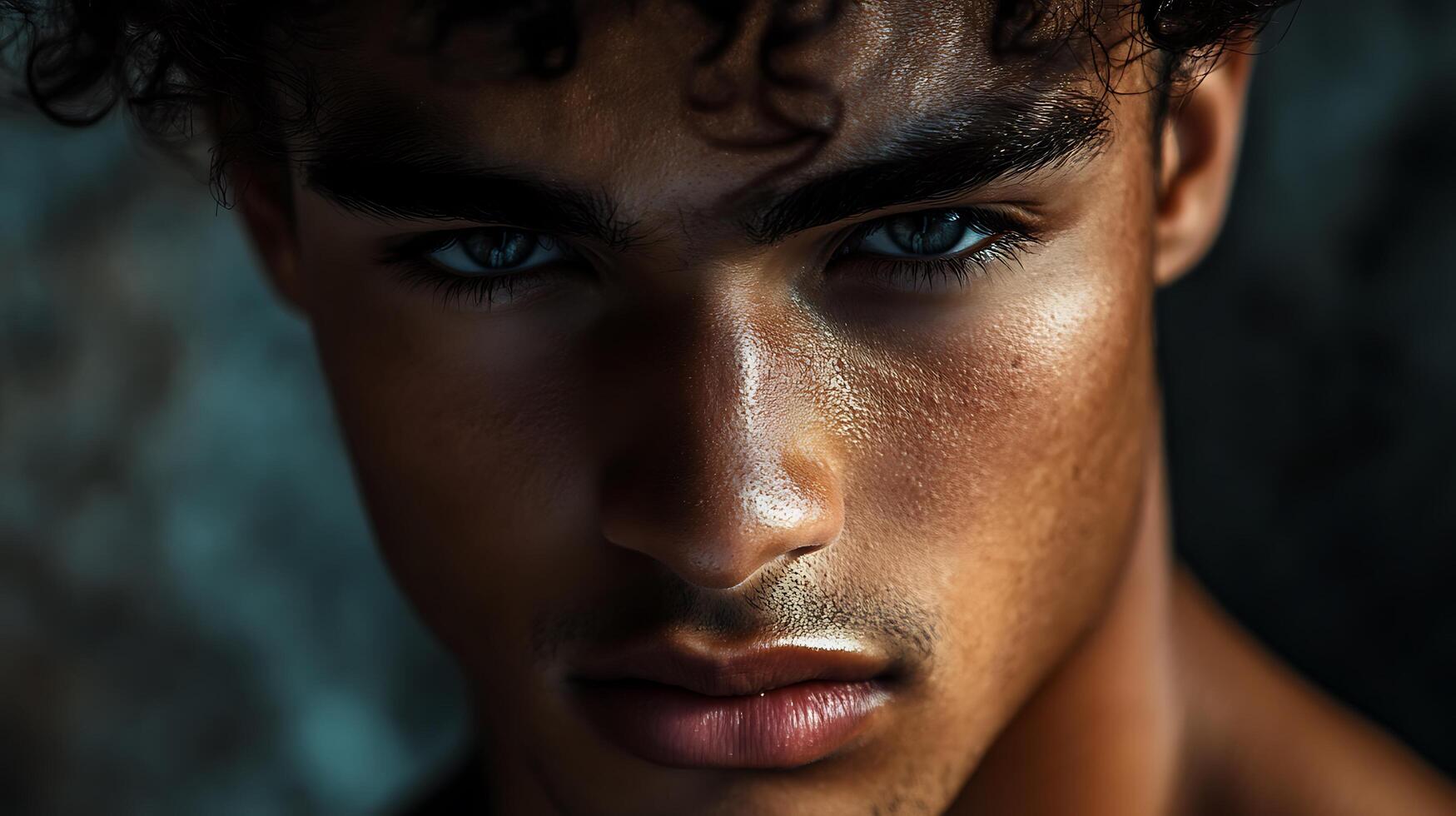Intense portrait A man with striking blue eyes and curly hair captivates with his gaze showcasing textured skin photo
