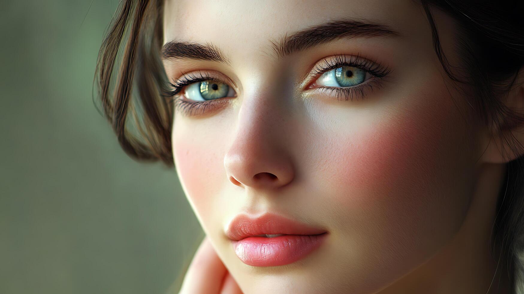 Close up of a woman's face with striking blue eyes and soft diffused lighting showcasing her natural beauty and grace photo
